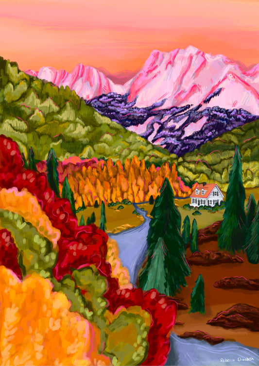 Pink, orange, red, brown and yellow mountain landscape illustration with autumnal trees and leaves. A cute cosy cabin sits nestled at the bottom of the mountains amongst the forest and a river runs alongside. Inspired by Colorado USA.