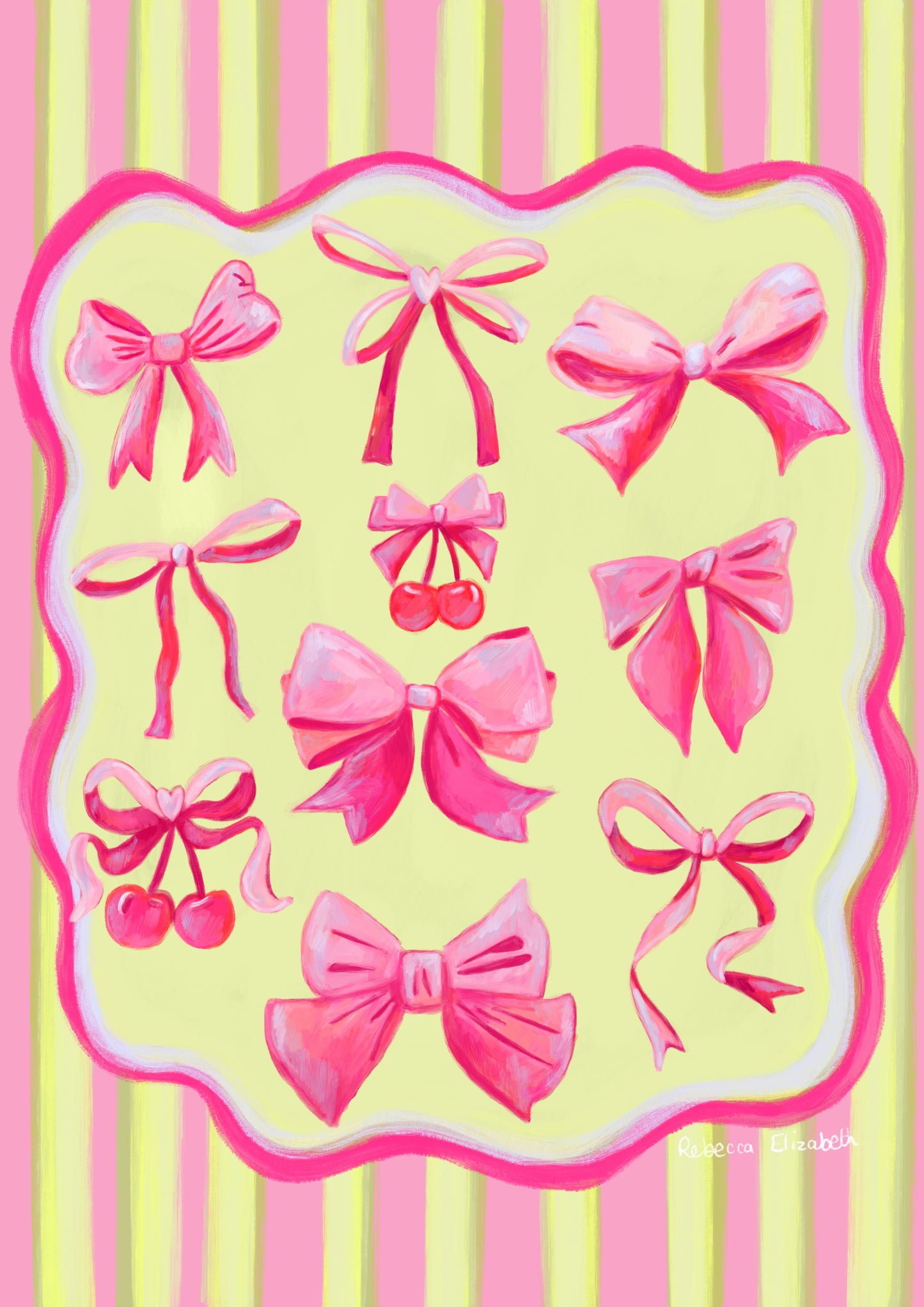 Illustration of different pink bows on a green and pink stripey background. Designed by Rebecca Elizabeth Draws 