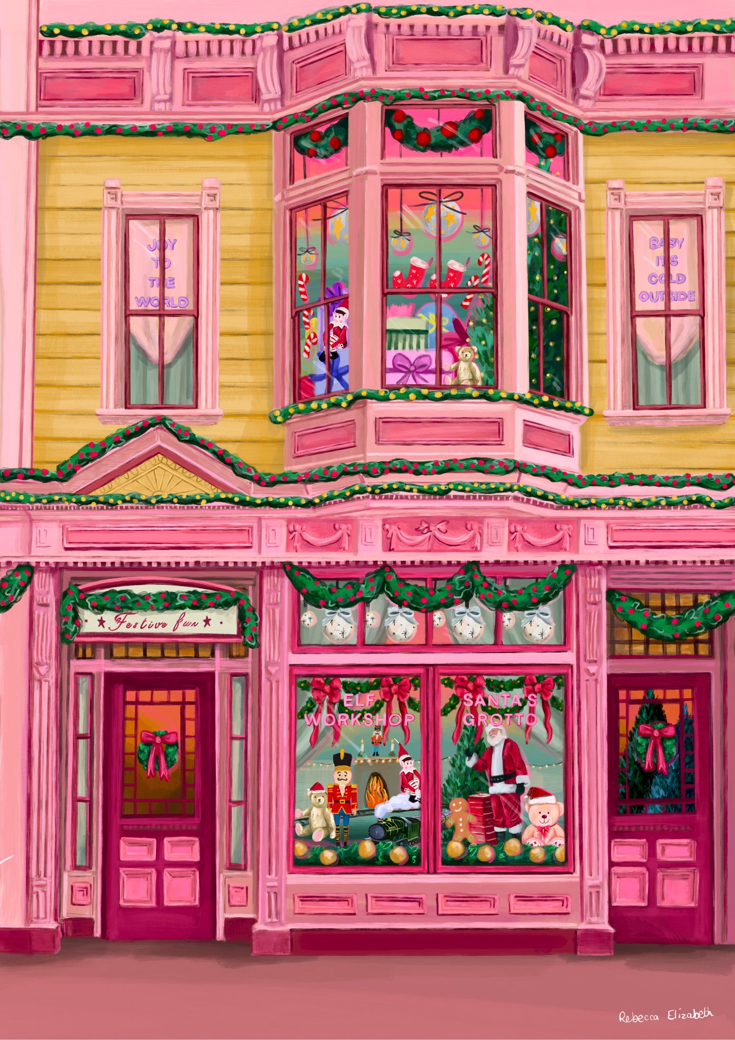 Colourful pink & mustard yellow Christmas shop front. With wreaths, baubles, trees & more. This festive illustration is inspired by all things kitsch, cute & fun. Designed by Rebecca Elizabeth Draws. 