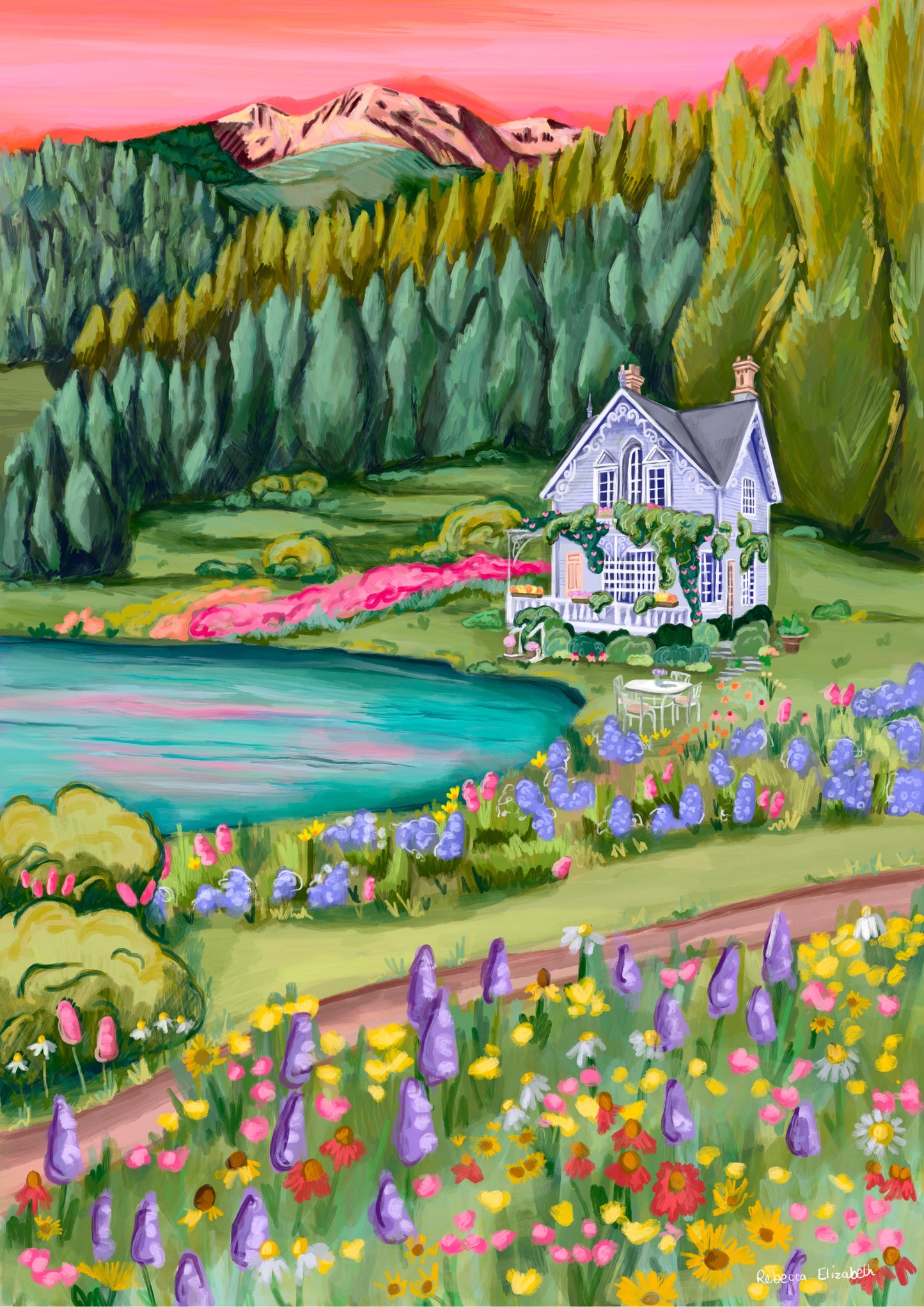 Illustration of a old baby blue house in the mountains in the middle of spring and summer with wildflowers growing all over the surrounding fields in yellow, pink and red. A small pond / lake to the left. 