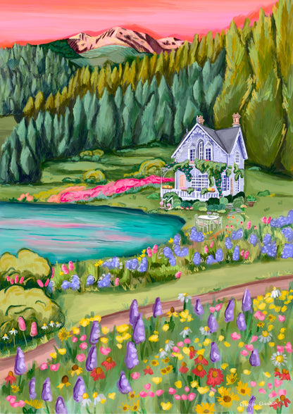 Illustration of a old baby blue house in the mountains in the middle of spring and summer with wildflowers growing all over the surrounding fields in yellow, pink and red. A small pond / lake to the left. 