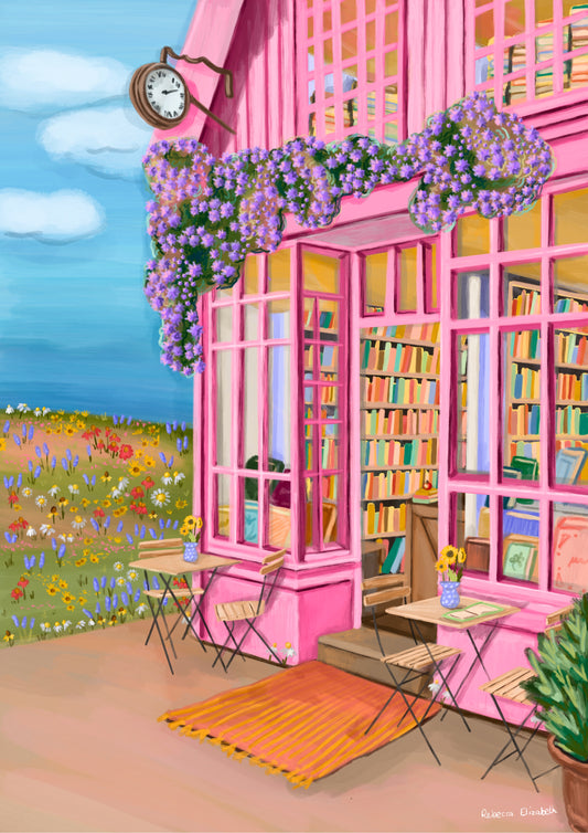 whimsical soft pink bookshop in the countryside, a field of wildflowers to the left with daisies and yellow flowers. a blue sky full of clouds, lilac purple flowers grow over the building of the book store and soft coloured books inside. 