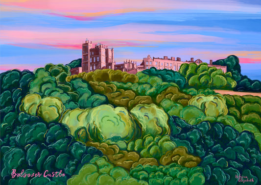illustration of Bolsover castle, Derbyshire in pinks and purples behind a hill of trees. the sky is pinks and blues with a splash of orange. 