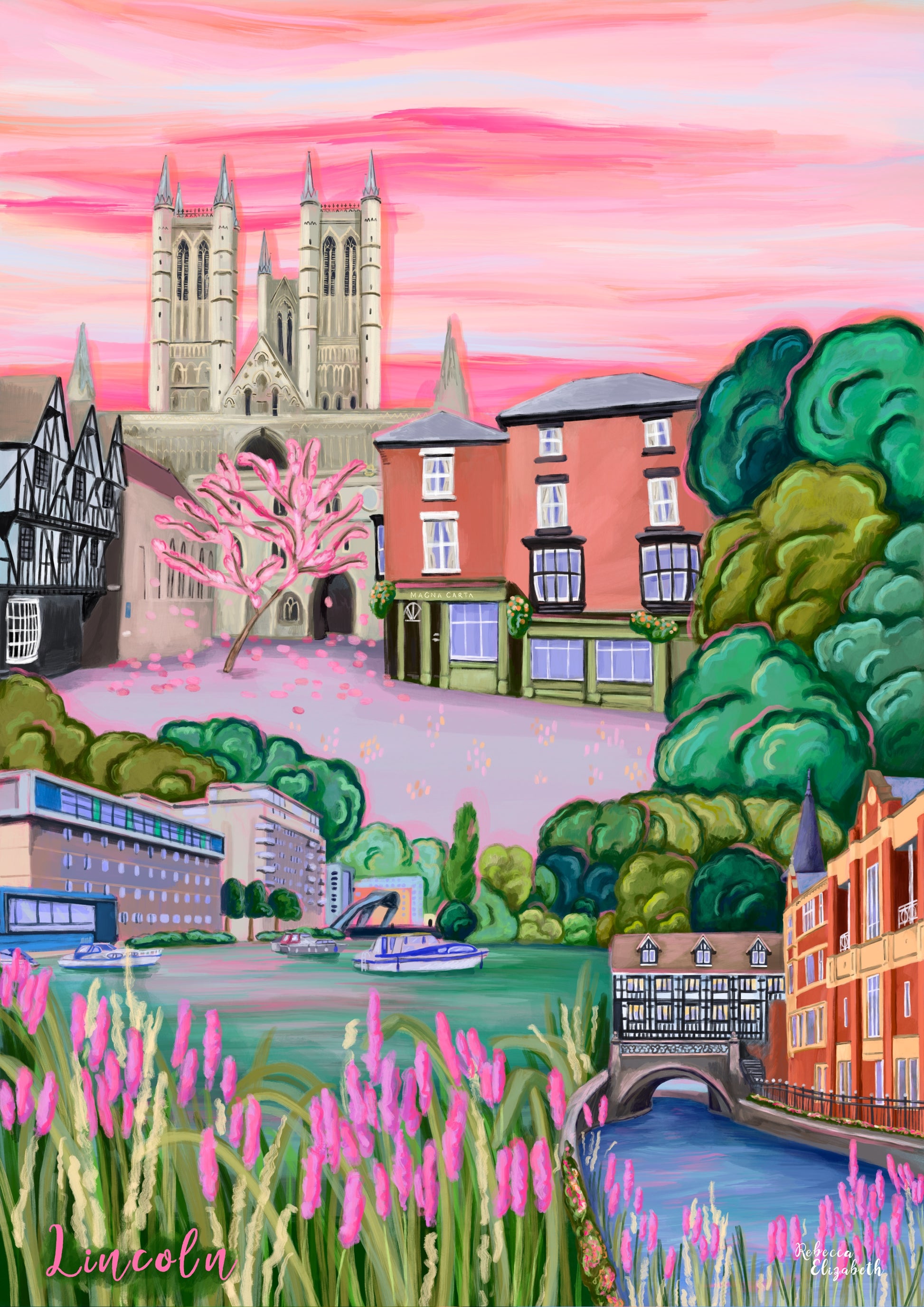 Lincoln, Lincolnshire UK. The cathedral is featured against a pink hazy sky, with the old tudor buildings to the left, the magna carta to the left and the top of steep hill. The bottom left features the quayside with boats and flowers and the right shows the tudor building hanging over the river into the city.