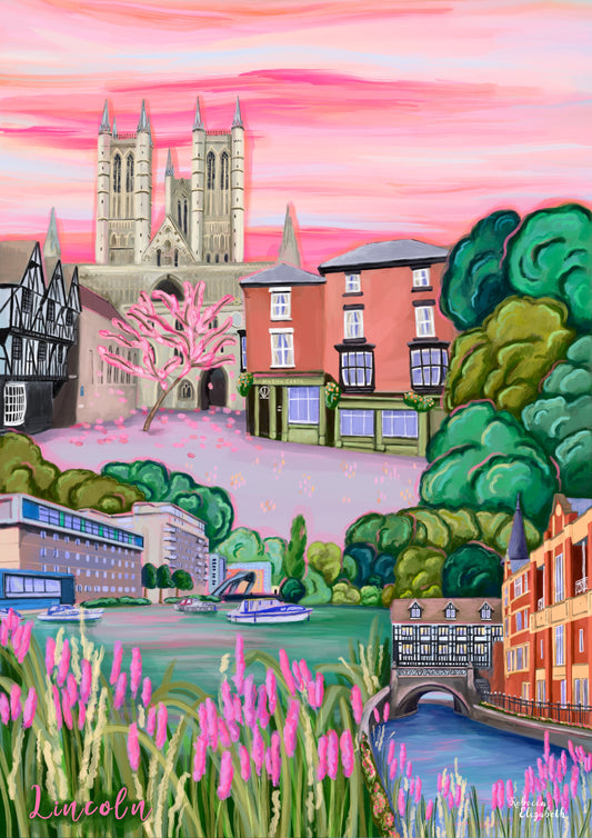 Lincoln, Lincolnshire UK. The cathedral is featured against a pink hazy sky, with the old tudor buildings to the left, the magna carta to the left and the top of steep hill. The bottom left features the quayside with boats and flowers and the right shows the tudor building hanging over the river into the city.