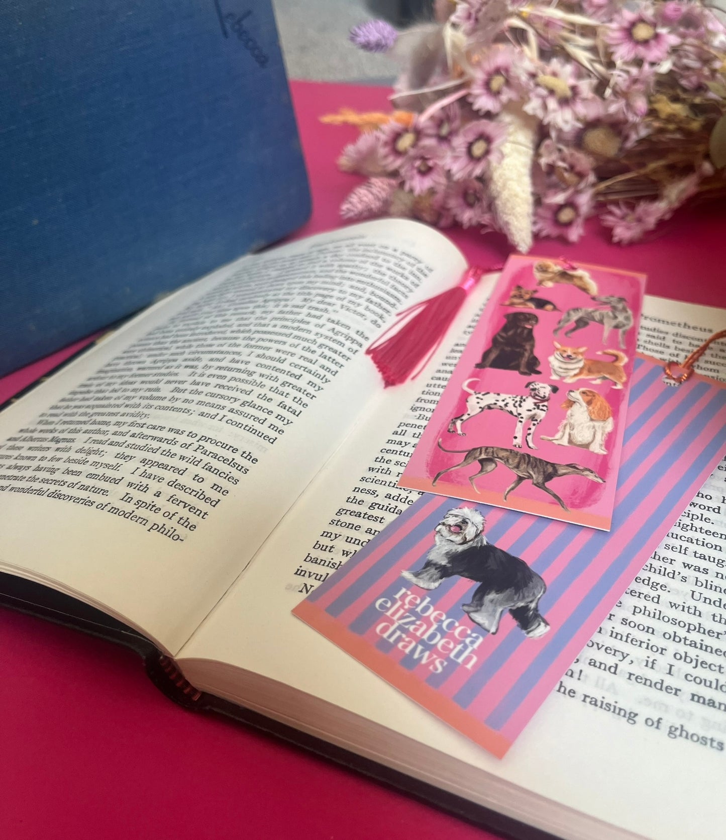 Hand drawn illustration of dogs, from whippets, lurchers, Labradors, Yorkshire terriers & more. All drawn in a collection on a pink background with pink and purple stripes on a bookmark with a pink & purple background & the Rebecca Elizabeth Draws logo. 