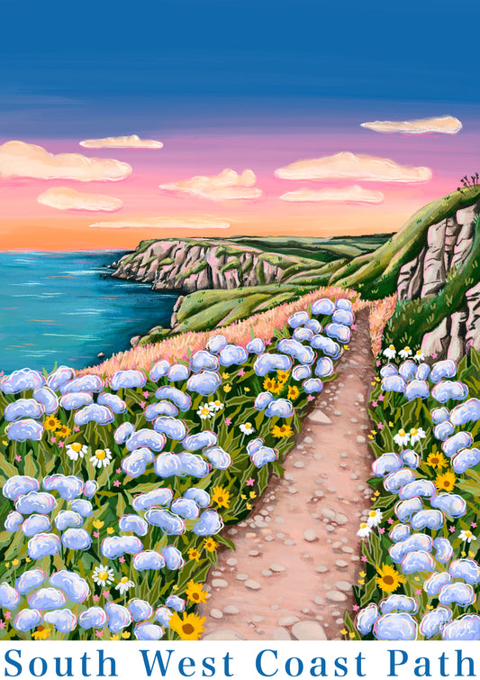 Painting of a scenic coastal path with flowers leading to the sea under a colorful sky.