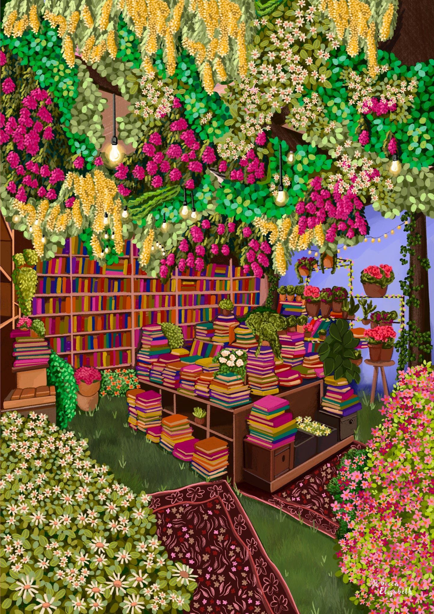 A whimsical, highly detailed illustration of a fantasy bookshop nestled in a lush garden. The shop features towering wooden bookshelves filled with colorful books, stacks of book piles on tables, and hanging flower garlands in pink, yellow, and white.