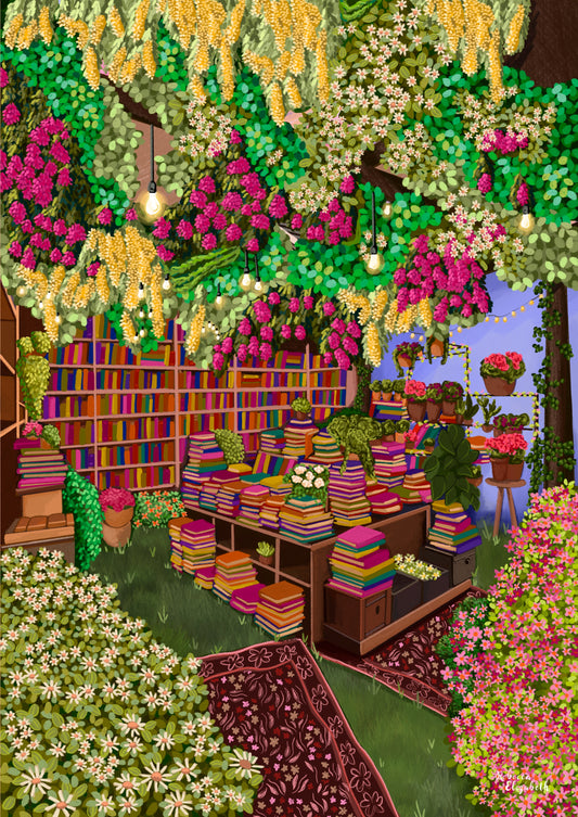 A whimsical, highly detailed illustration of a fantasy bookshop nestled in a lush garden. The shop features towering wooden bookshelves filled with colorful books, stacks of book piles on tables, and hanging flower garlands in pink, yellow, and white.