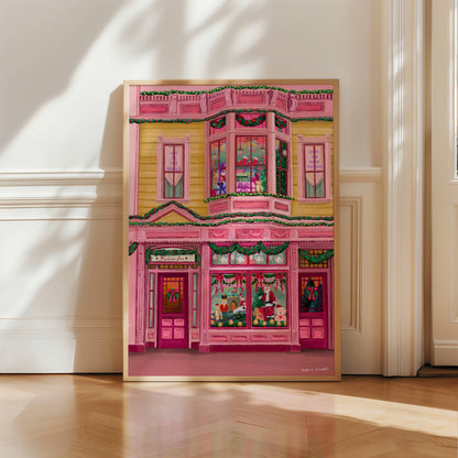 Colourful pink & mustard yellow Christmas shop front. With wreaths, baubles, trees & more. This festive illustration is inspired by all things kitsch, cute & fun. Designed by Rebecca Elizabeth Draws. 