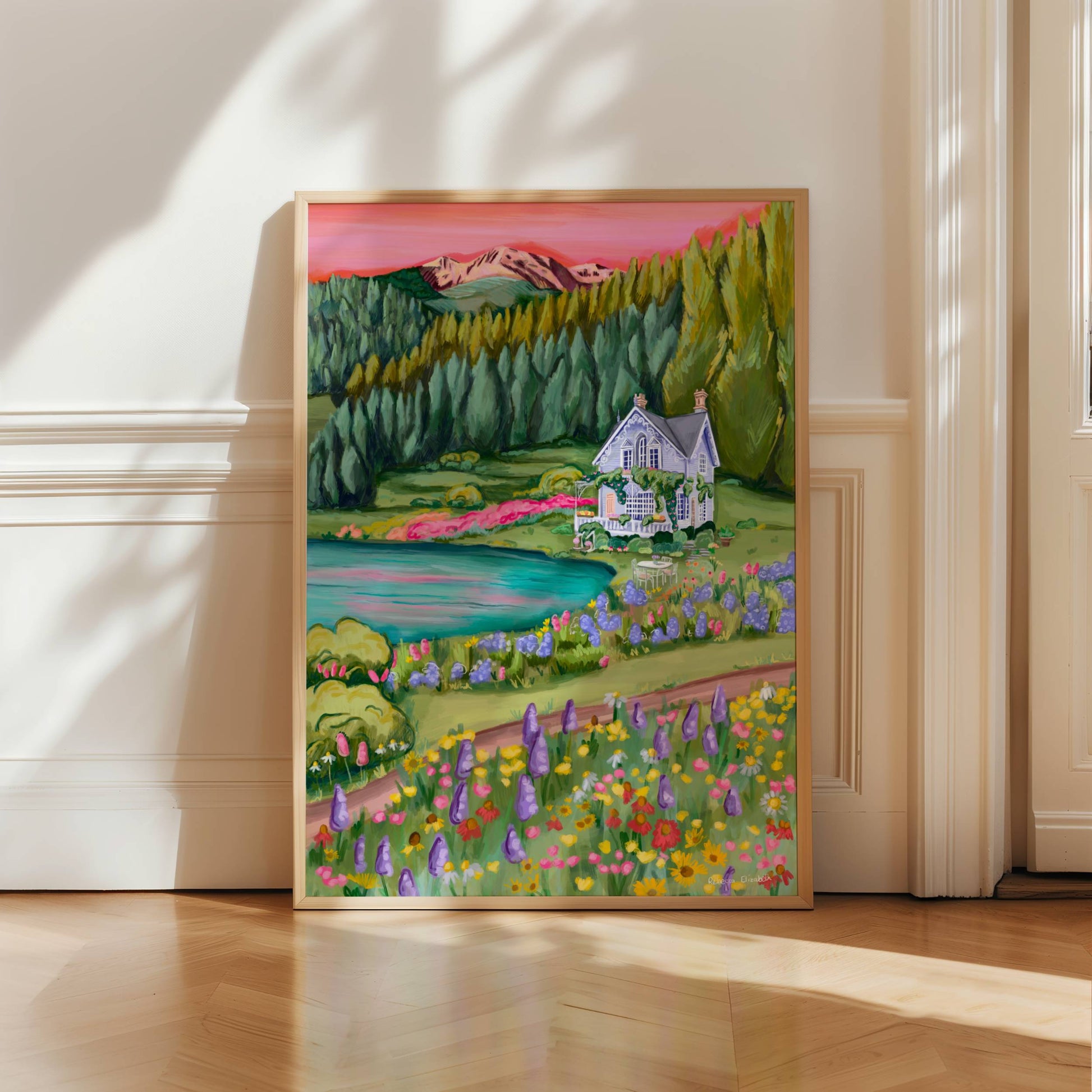 Illustration of a old baby blue house in the mountains in the middle of spring and summer with wildflowers growing all over the surrounding fields in yellow, pink and red. A small pond / lake to the left. 