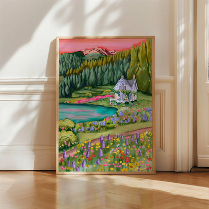 Illustration of a old baby blue house in the mountains in the middle of spring and summer with wildflowers growing all over the surrounding fields in yellow, pink and red. A small pond / lake to the left. 