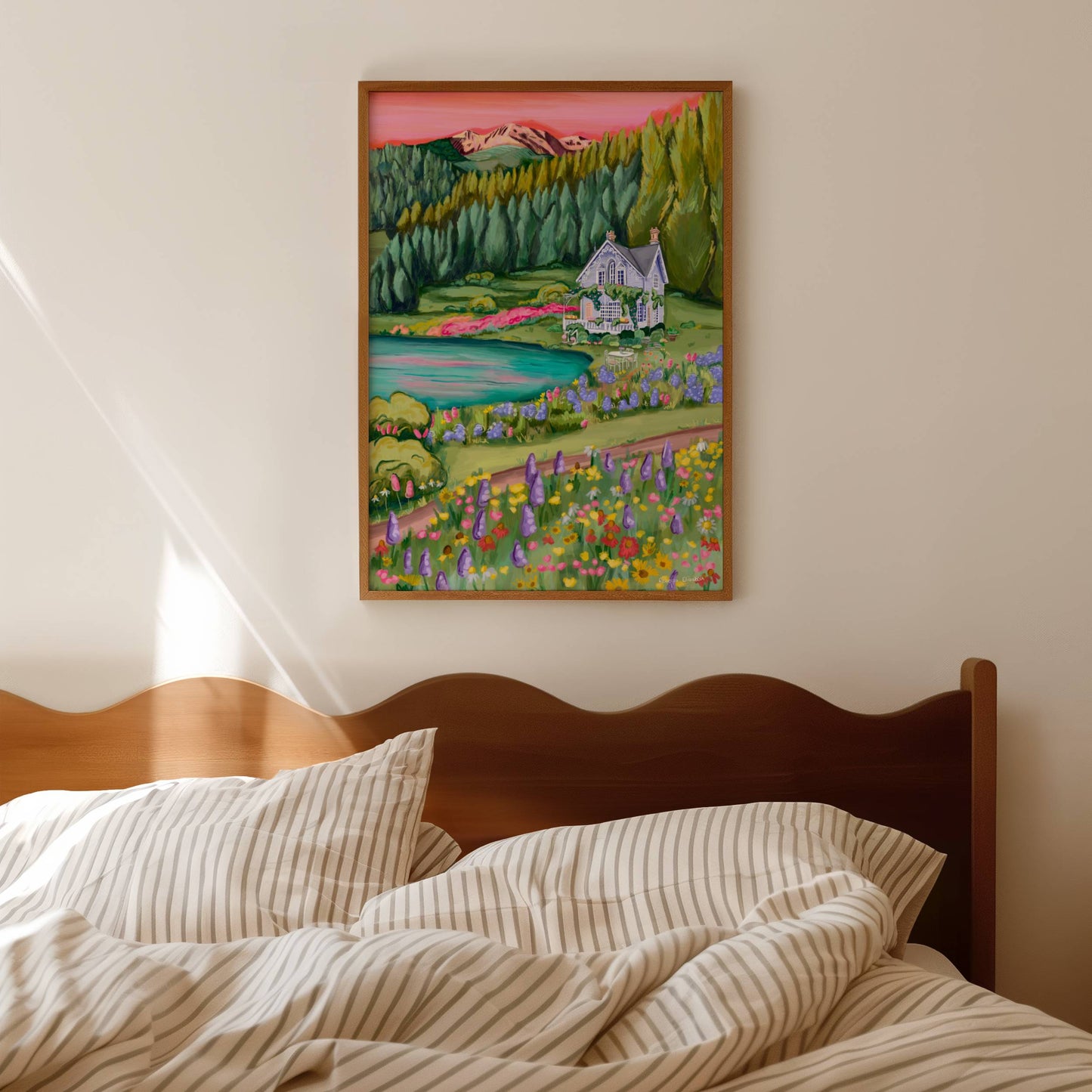 Illustration of a old baby blue house in the mountains in the middle of spring and summer with wildflowers growing all over the surrounding fields in yellow, pink and red. A small pond / lake to the left. 