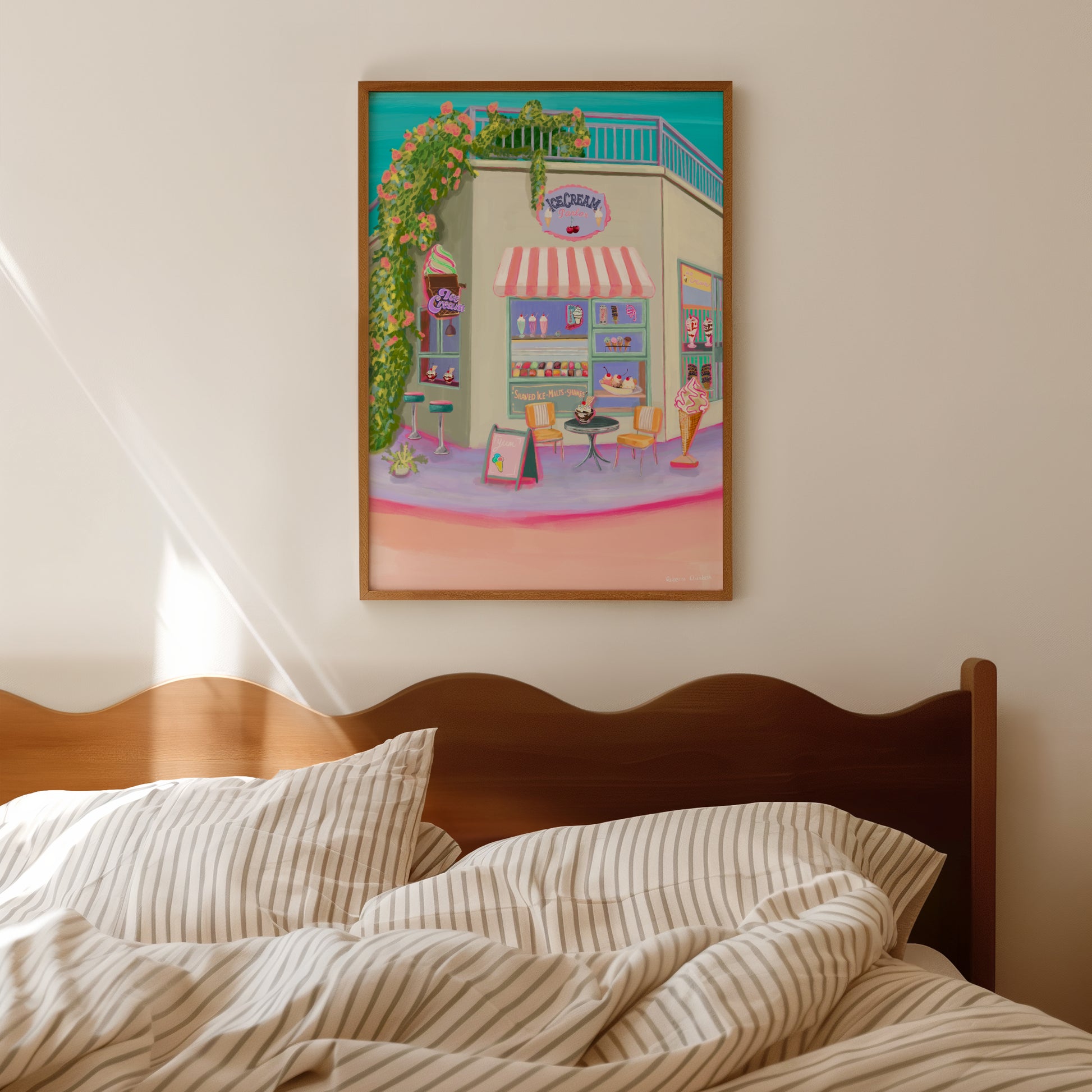 Colourful retro inspired ice cream parlour illustration with hot fudge sundae, banana split and milkshakes. A summer inspired art piece the perfect vibrant companion to your wall. Design by Rebecca Elizabeth Draws. 