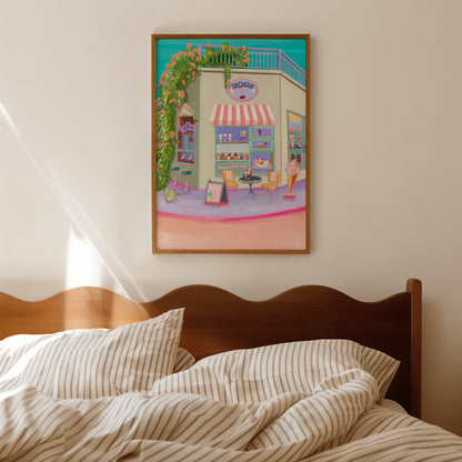 Colourful retro inspired ice cream parlour illustration with hot fudge sundae, banana split and milkshakes. A summer inspired art piece the perfect vibrant companion to your wall. Design by Rebecca Elizabeth Draws. 