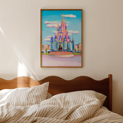 Illustration of magical castle in magic kingdom, Orlando Florida. In baby pinks and blues against a summery blue sky with white fluffy clouds. Art by Rebecca Elizabeth Draws. 