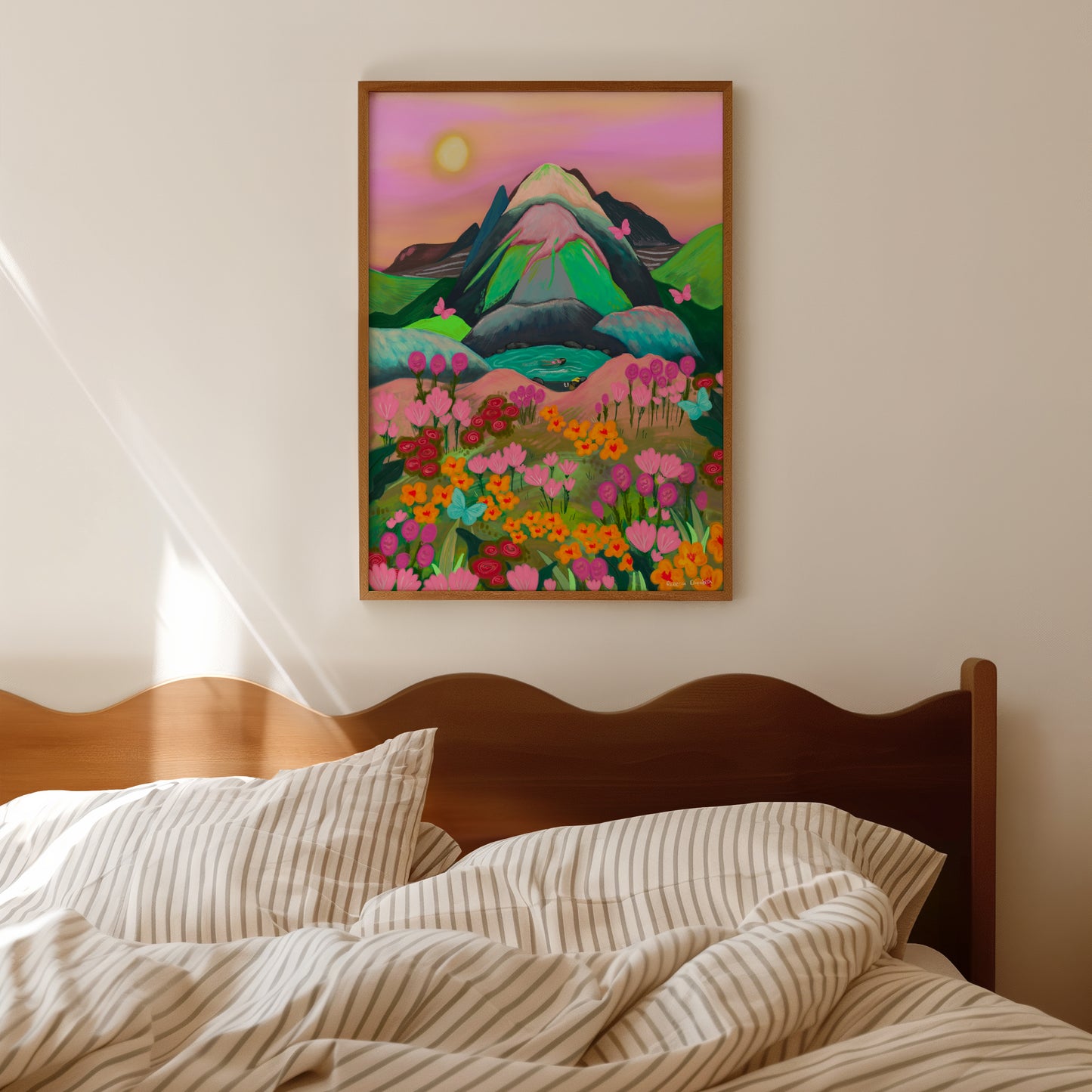 A magical mountain escape from the depths of my imagination. This illustration features an abundance of pink, yellow, orange flowers with pink and blue butterflies. The mountains are pink, grey, navy and splashes of a bright almost neon green. At the bottom of the mountain there is a small pool with a girl in the water. The sky is a hue of pinks and yellows with the sun shining.  There is a small signature in white the corner.  Designed by Rebecca Gibbs at Rebecca Elizabeth Draws.