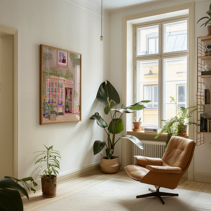 An illustration of a cute bookshop, the window shows the bookshelves inside full of bright coloured book spines. There are books placed stood up at the front. Outside the building is a soft colour with lots of greenery in soft pale greens and orange and lilac flowers. In front of the building there are plant pots and flowers. There is a small signature in white the corner.  Designed by Rebecca Gibbs at Rebecca Elizabeth Draws.