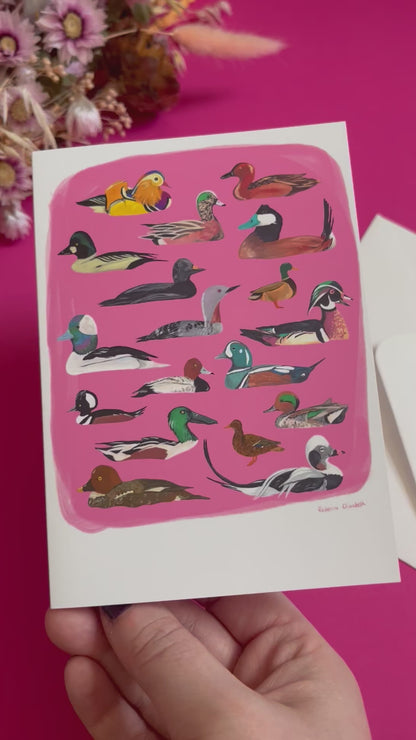 A collection of ducks and birds, hand painted in gouache and then edited digitally into a collaged design on a pink background with the Rebecca Elizabeth Draws logo on the back.