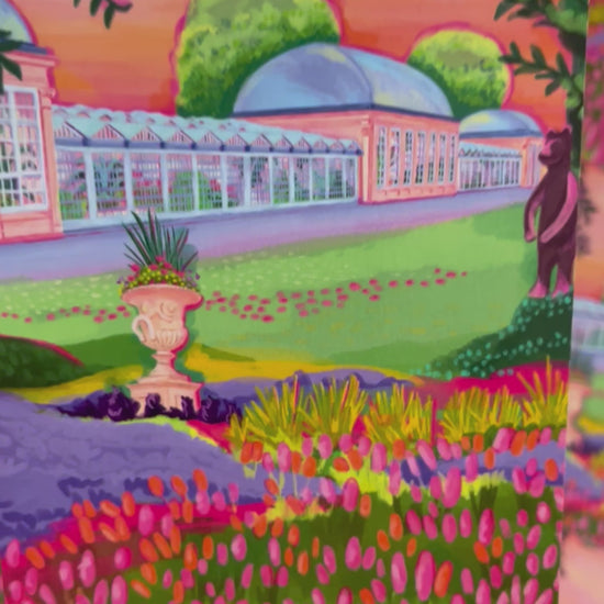 video of Postcard of illustration of the botanical gardens in Sheffield with bright flowers in the front, the glass building, the bear from the bear pit and an orange hue sky. Designed by Rebecca Elizabeth Draws 