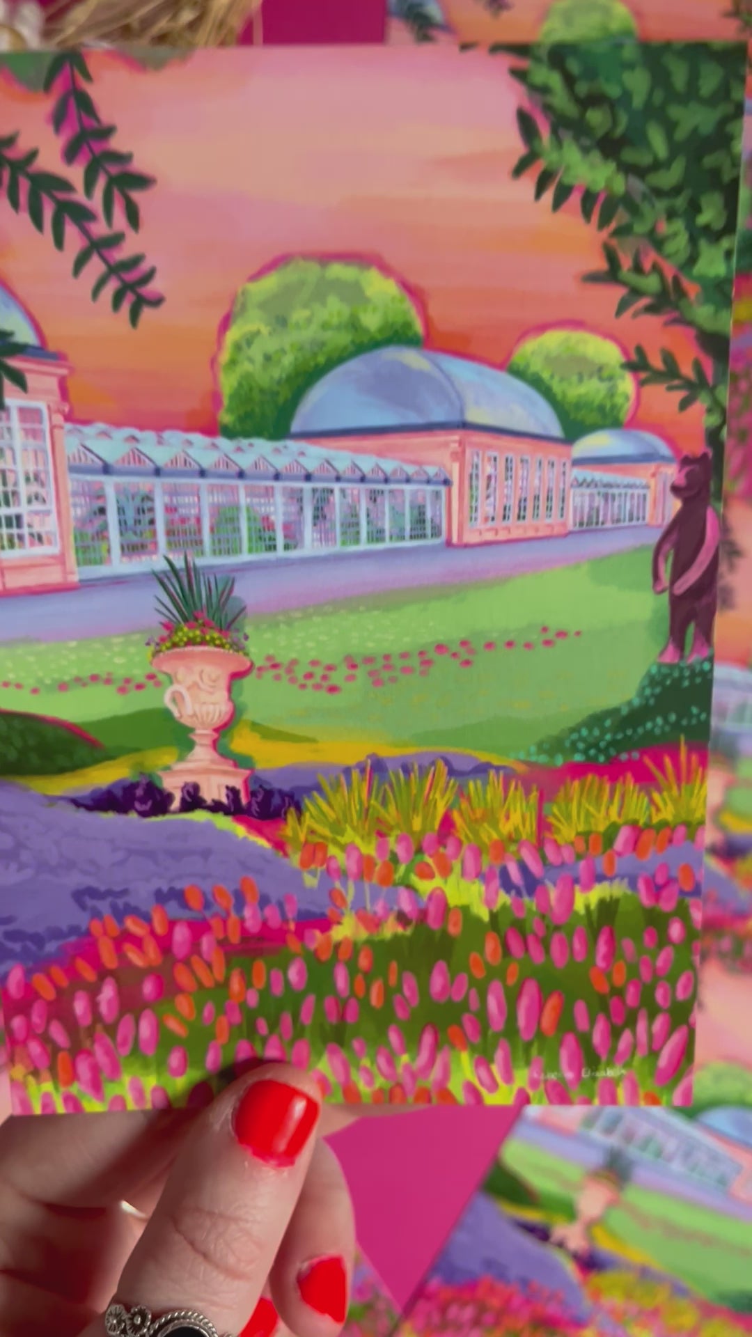 video of Postcard of illustration of the botanical gardens in Sheffield with bright flowers in the front, the glass building, the bear from the bear pit and an orange hue sky. Designed by Rebecca Elizabeth Draws 