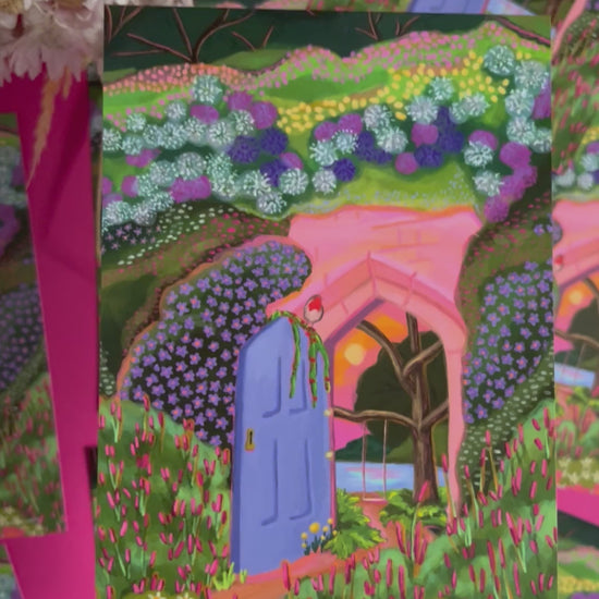 video of Postcard art inspired by the children’s book The Secret Garden with a door leading to a hidden paradise. A swing over the pond, a setting sun and the foreground outside is engulfed in wildflowers. There is a robin perched on the door. Designed by Rebecca Elizabeth Draws. 