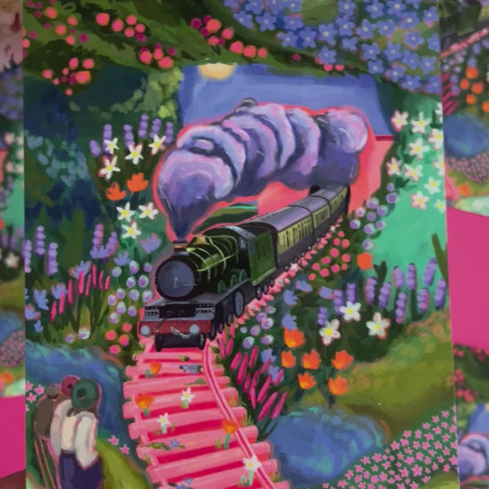 video of Postcard art inspired by the railway children book with a green steam train, three children watching with their backs turned and lots of overgrown flowers and plants.  Designed by Rebecca Elizabeth Draws.Designed by Rebecca Elizabeth Draws. 