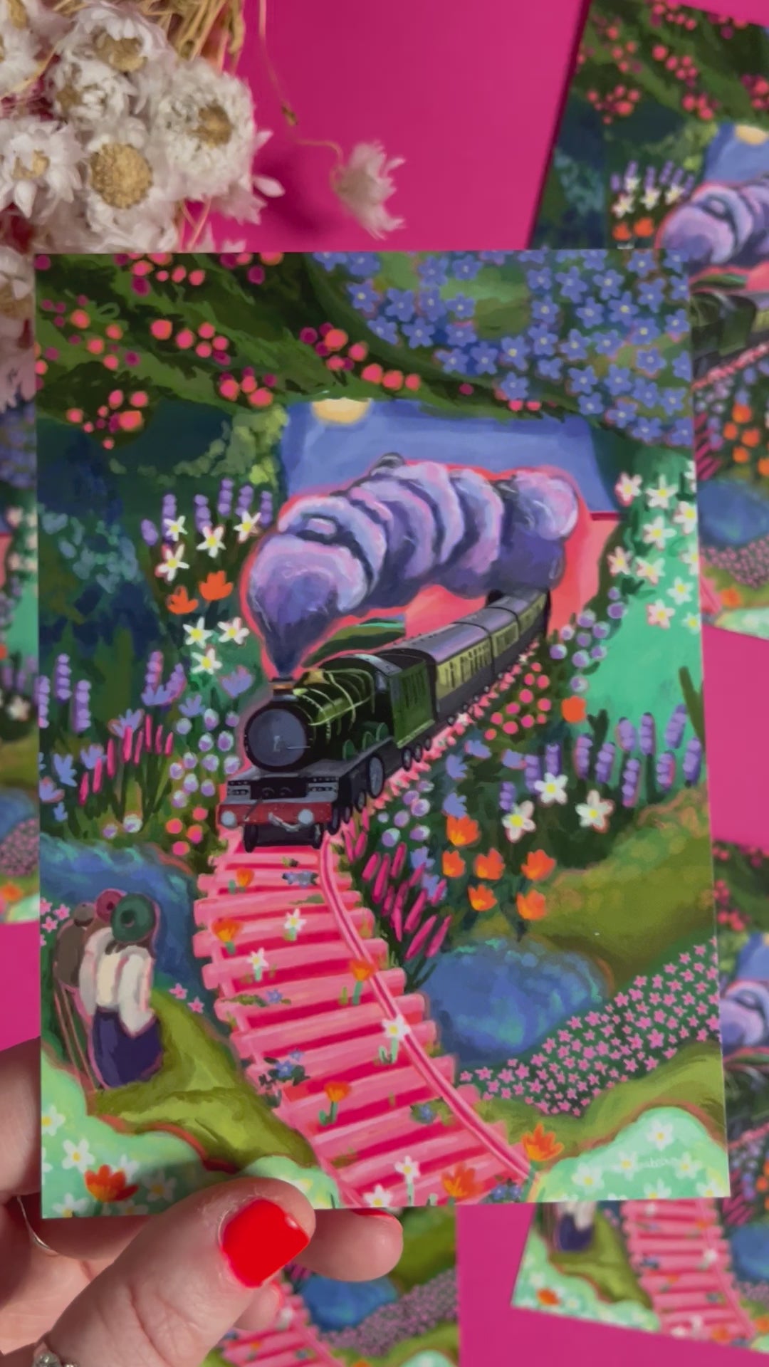 video of Postcard art inspired by the railway children book with a green steam train, three children watching with their backs turned and lots of overgrown flowers and plants.  Designed by Rebecca Elizabeth Draws.Designed by Rebecca Elizabeth Draws. 