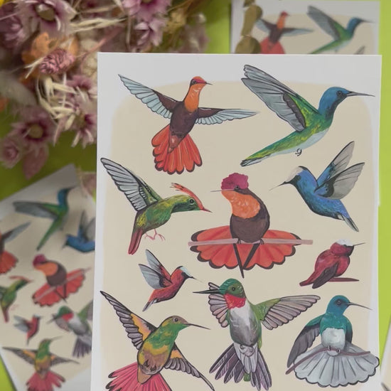 Hummingbirds hand painted in gouache and edited together digitally on a cream background with a small signature featured in the right hand corner. These small birds are green, blue, red, orange and yellow. Designed by Rebecca Gibbs on a postcard at Rebecca Elizabeth Draws.