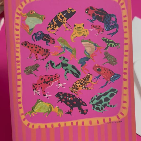 A collection of vibrant froggies to bring a pop of colour to your life. Hand painted rainforest frogs in gouache and edited digitally into a collaged design on a vibrant pink & red background. The back of the card has the Rebecca Elizabeth Draws logo