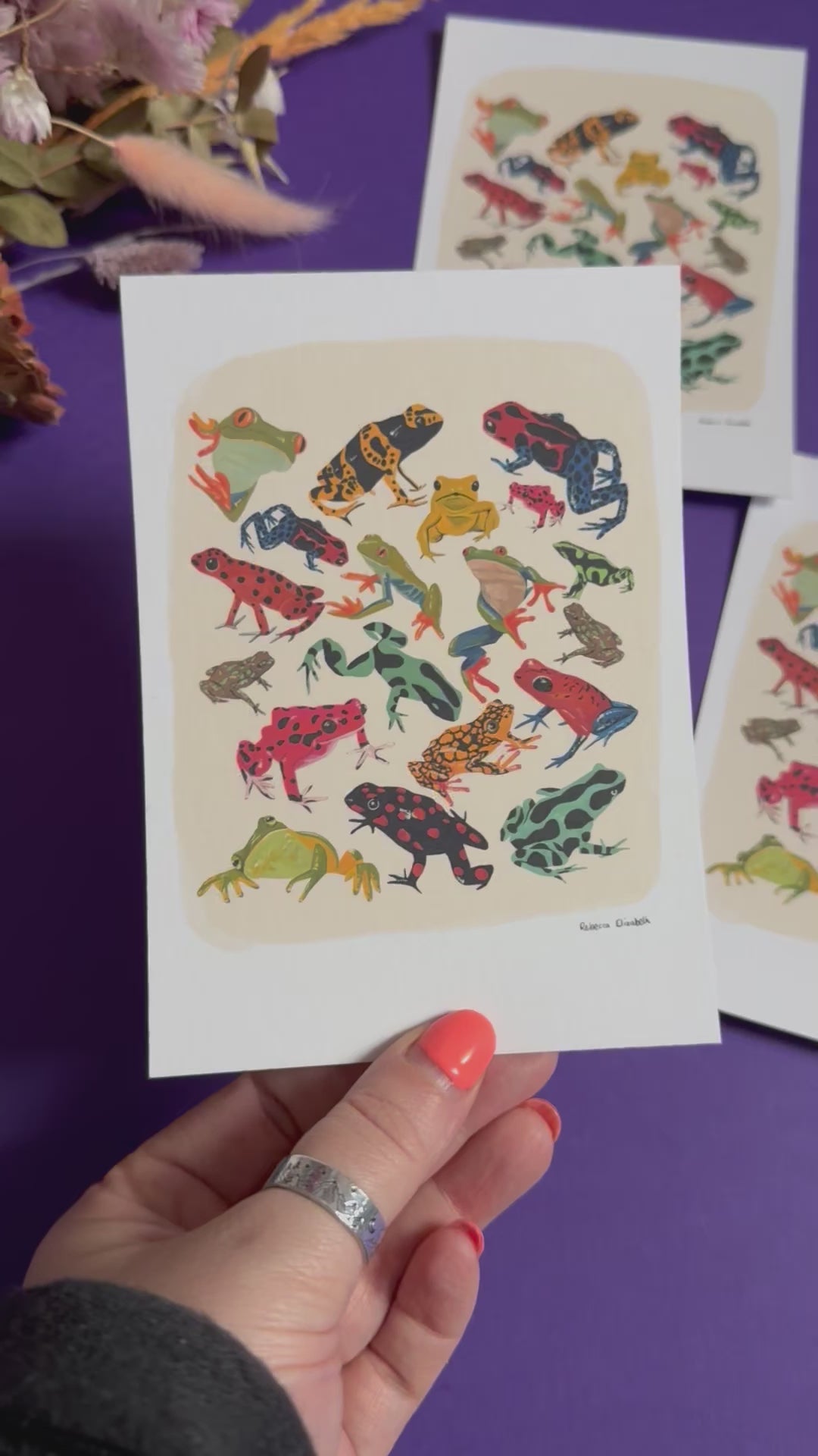 A collection of vibrant froggies to bring a pop of colour to your life. Hand painted rainforest frogs in gouache and edited digitally into a collaged design on a cream background and a small signature underneath. Designed by Rebecca Gibbs at Rebecca Elizabeth Draws.