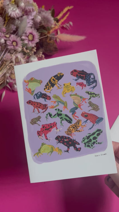 A collection of vibrant froggies to bring a pop of colour to your life. Hand painted rainforest frogs in gouache and edited digitally into a collaged design on a purple background with a pink back and the  Rebecca Elizabeth Draws logo.