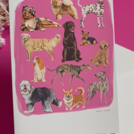 Hand drawn illustration of dogs, from whippets, lurchers, Labradors and Yorkshire terriers and much more. All drawn in a collection on a pink background with a dark green back and the Rebecca Elizabeth Draws logo. 