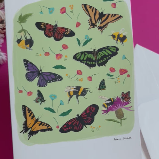 A collection of wildflowers, bumblebees and butterflies hand painted in gouache and edited digitally into a collaged design on a light green background. With a green back and the Rebecca Elizabeth Draws logo.  