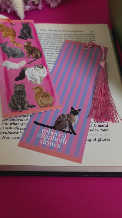 Cat illustrations on a bookmark, with a pink front and a pink and blue striped back with a tassel colour of your choice.