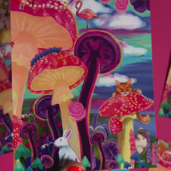 video of Postcard of colourful Alice in Wonderland inspired illustration. Trippy toadstools, flowers, and classic animals featured from the children’s book such as the Cheshire cat and the dodo. Vibrant blues, pinks and purples. Designed by Rebecca Elizabeth Draws. 