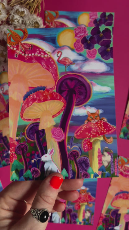 video of Postcard of colourful Alice in Wonderland inspired illustration. Trippy toadstools, flowers, and classic animals featured from the children’s book such as the Cheshire cat and the dodo. Vibrant blues, pinks and purples. Designed by Rebecca Elizabeth Draws. 