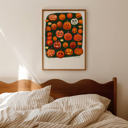 A selection of pumpkin illustrations with carved faces, painted faces in different sizes and shapes. All drawn in traditional oranges, with a couple of white gourds on a dark green background. 