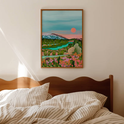 An illustration of the Three Lochs forest drive found in Stirling, Scotland.  Orange, pink and yellow flowers in the foreground, a winding road behind going around a tranquil turquoise lake and a little vw camper van riding away into the distance. A green forest of trees behind and blue mountains, with a setting sun in the sky of pink and yellow. There is a small signature in white the corner.  Designed by Rebecca Gibbs at Rebecca Elizabeth Draws.