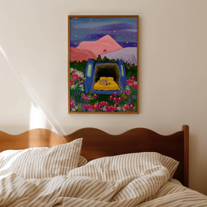 An illustration depicting camping in your van under the stars. The van doors are open at the back revealing a curled up dog and fairy lights around the outside. The field it sits on is full of flowers, butterflies and bumblebees. There is a pink, red and purple mountain behind and then a night sky full of stars. There is a small signature in white the corner.  Designed by Rebecca Gibbs at Rebecca Elizabeth Draws.